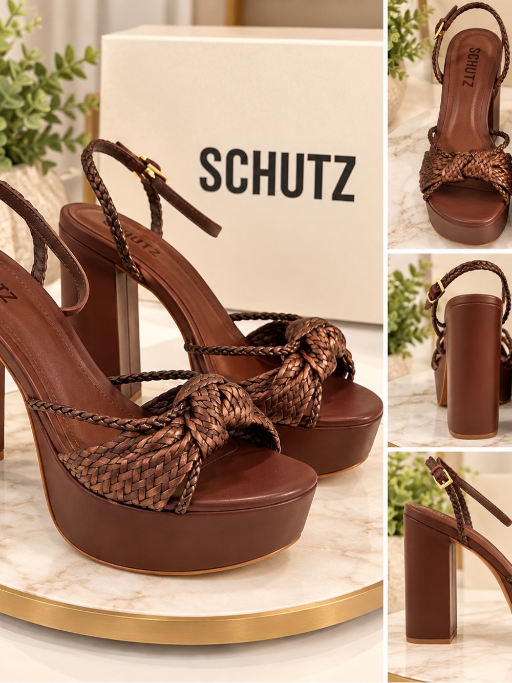 SCHUTZ Brown Braided Leather Platform Sandals